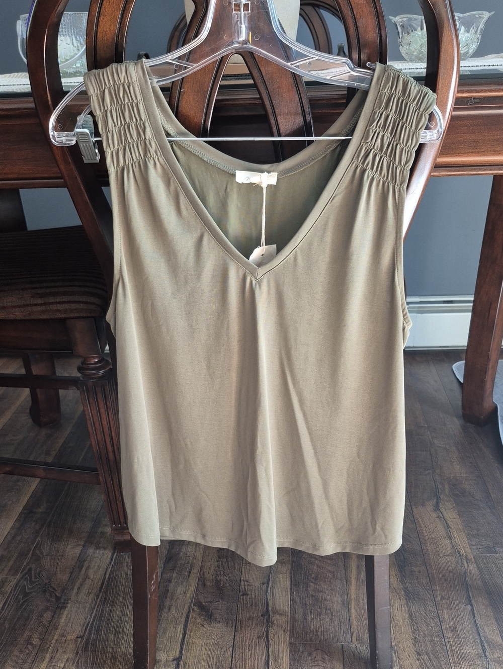 Mystree Olive Green V-Neck Sleeveless Tank with Shirred Shoulders